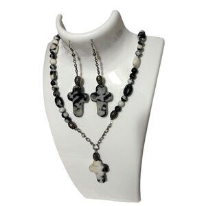 Attractive Cross Necklace and Pierced Earrings.  Black White Grey Stone 22" Long